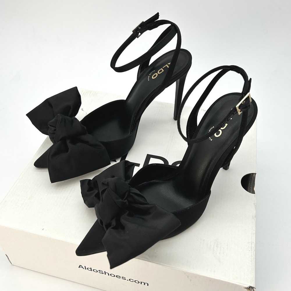 ALDO Nikky Strappy Stiletto Heels Womens Sz. 6.5 Black Satin Pointed Toe Bow NEW - Picture 6 of 7